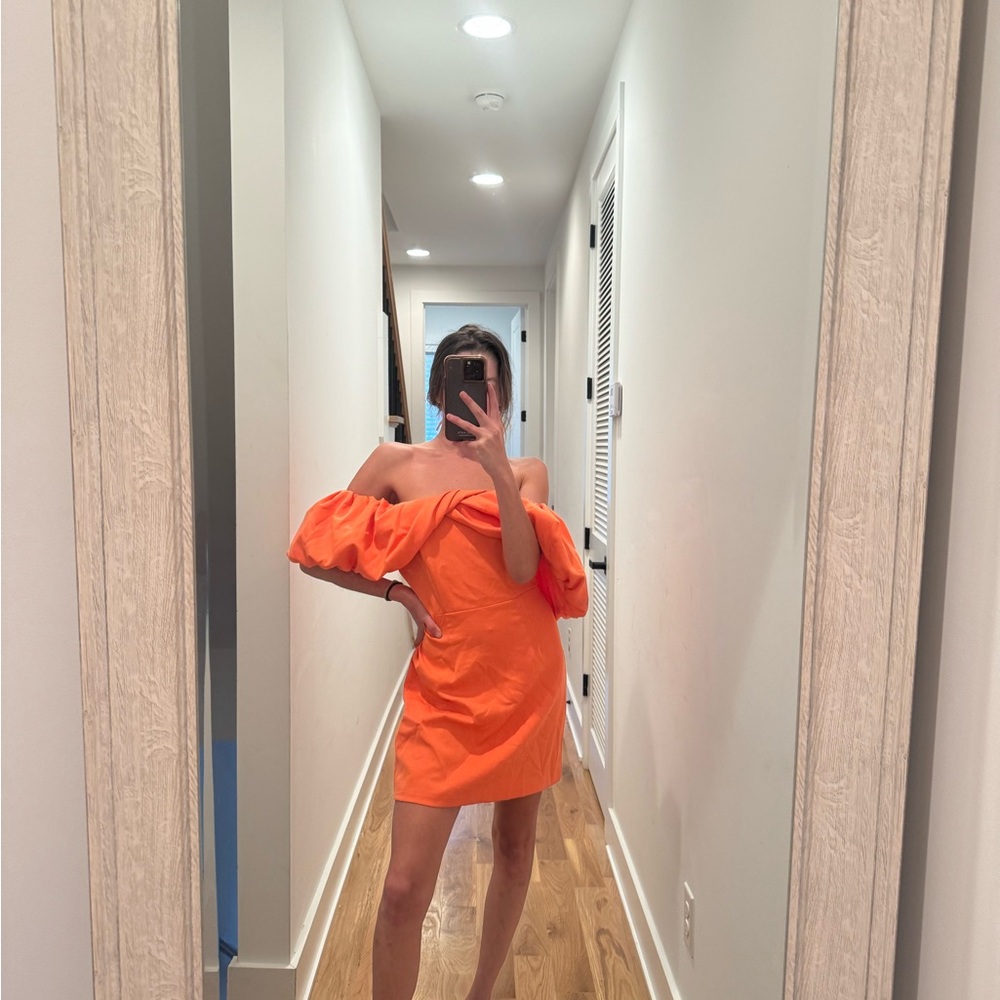 DO+BE Orange One Shoulder Puff Sleeve Cocktail Dress